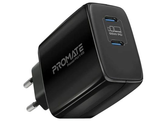Promate PowerPort-65W Super Speed GaN Fast Charging Adapter with Dual USB Ports			